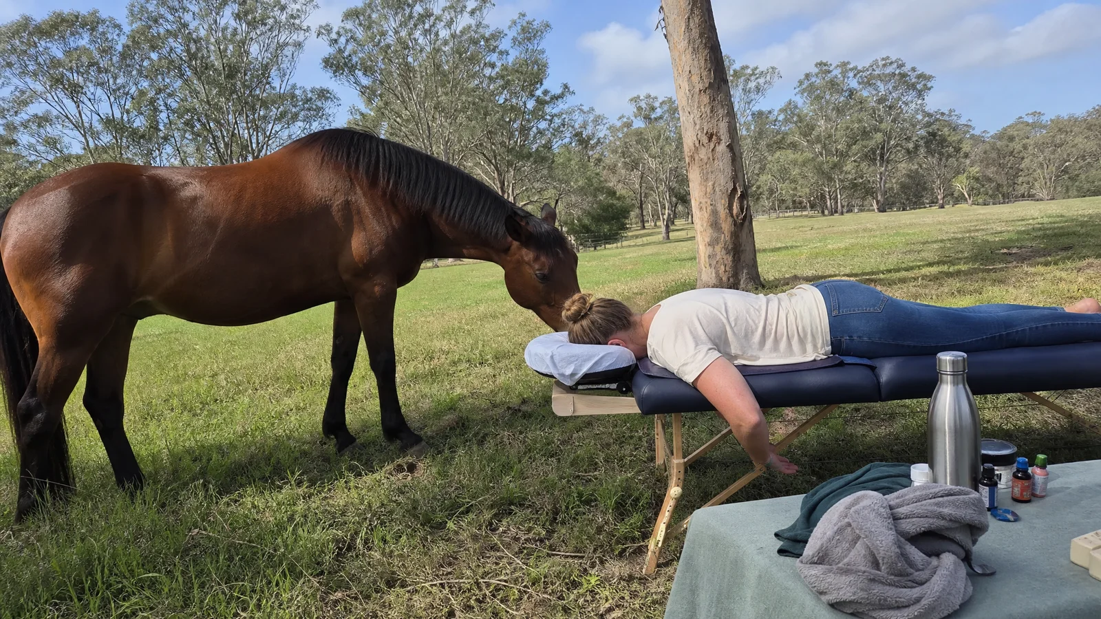 Person lying on a low table in an open paddock while a horse stands calmly close by, natural morning light
